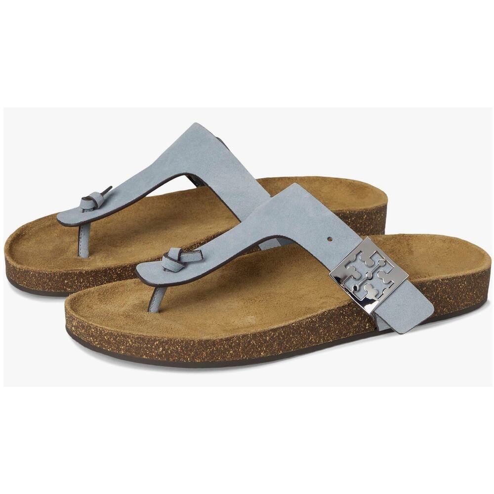 Tory Burch Mellow T-Strap Leather Sandals Aria Blue NIB